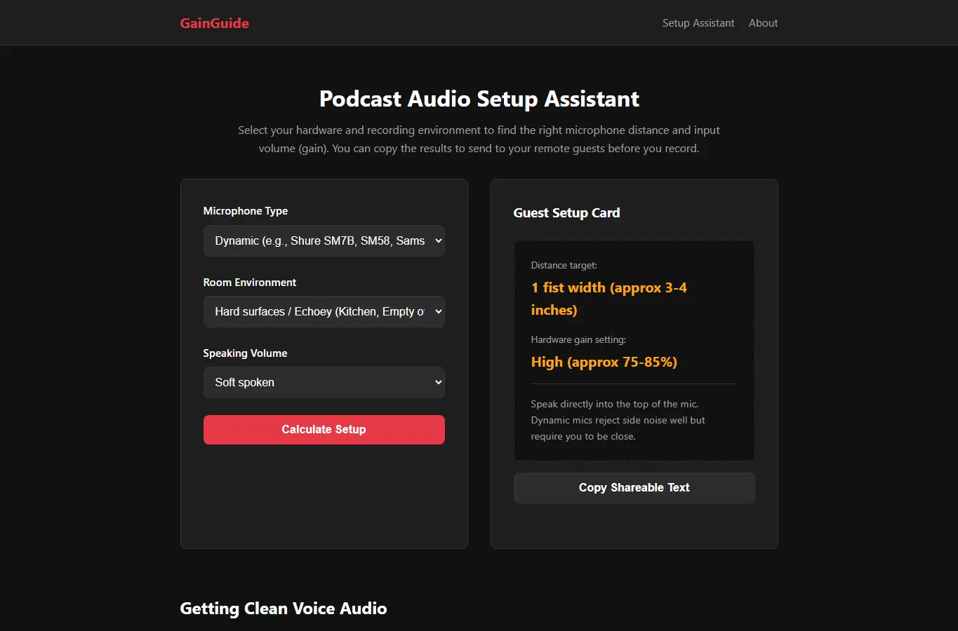 Screenshot of GainGuide: Podcaster Mic Gear Setup interface showing the project page in use